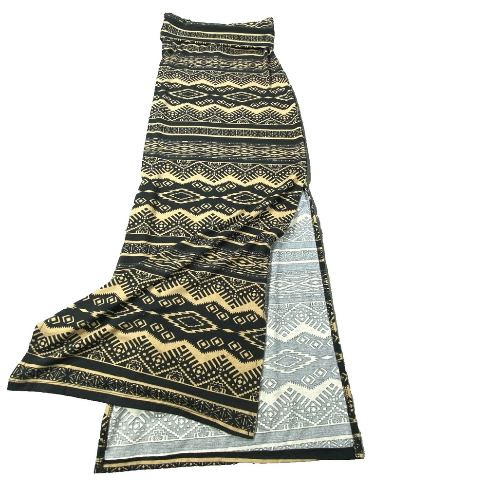 Stoosh Maxi Skirt Womens XS Black Tan Aztec Boho Stretch Long Skirt Leg Slit